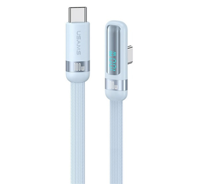 US-SJ653 adatkábel (Type-C - Type-C, 100W, gyorstöltő, 90 fokos, cipőfűző, LED kijelző, 120cm)