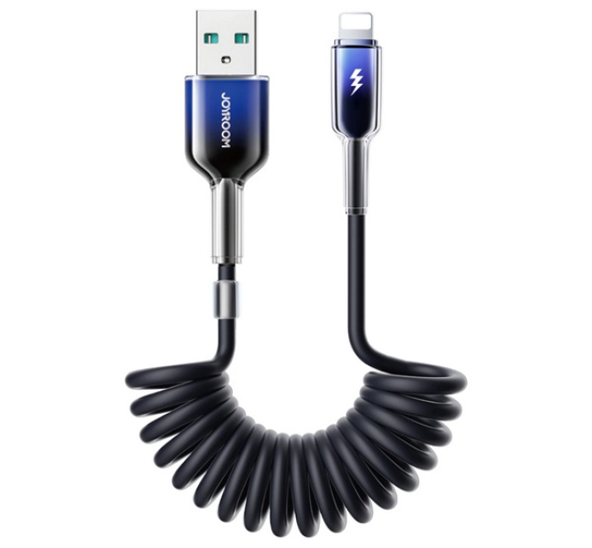 CRYSTAL-CLEAR adatkábel (USB - lightning, 3A, gyorstöltő, 150cm, spirálkábel) FEKETE
