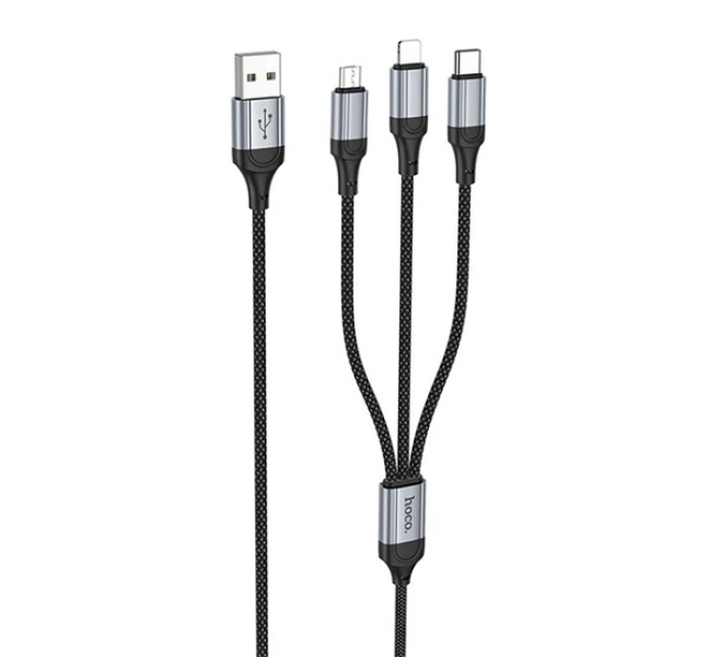 X102 töltőkábel 3in1 (USB - Type-C/lightning/microUSB, 2.4A, cipőfűző, 100cm) FEKETE