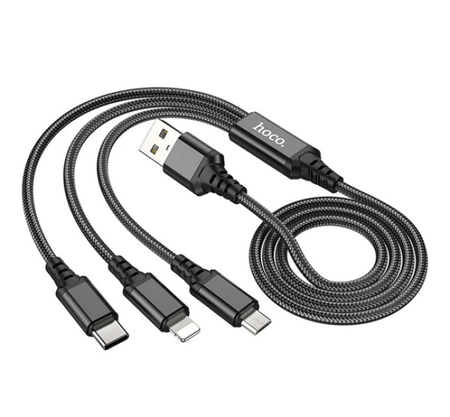 X76 töltőkábel 3in1 (USB - Type-C/lightning/microUSB, 2A, 100cm) FEKETE