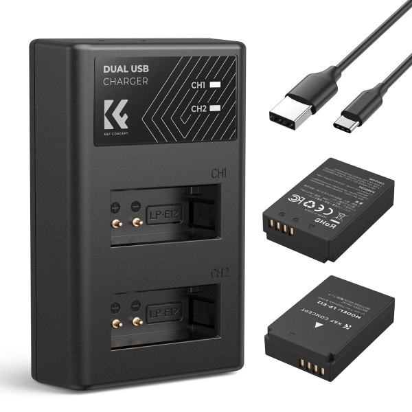 K&F Concept hordozható dupla USB-C akkumulátor LC-E12 töltő + 2db LP-E12 akkumulátor 1100mAh (KF-28-