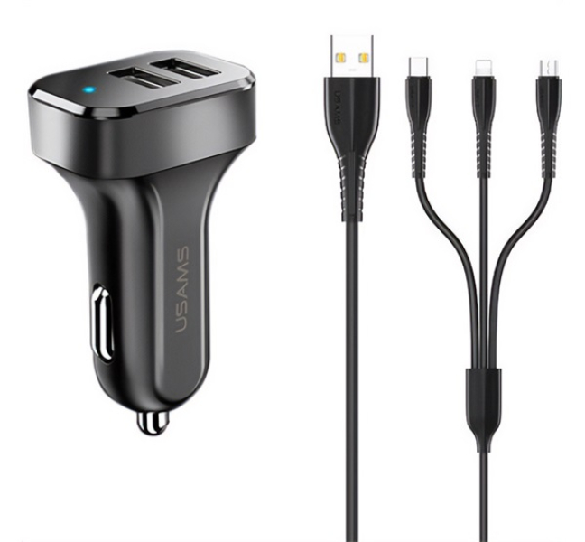 KING TU C13 autós töltő 2 USB aljzat (10W, LED jelzés + lightning/microUSB/Type-C kábel) FEKET