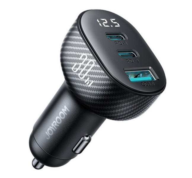 autós töltő USB+2 Type-C aljzat (30W, gyorstöltő, karbon minta) FEKETE