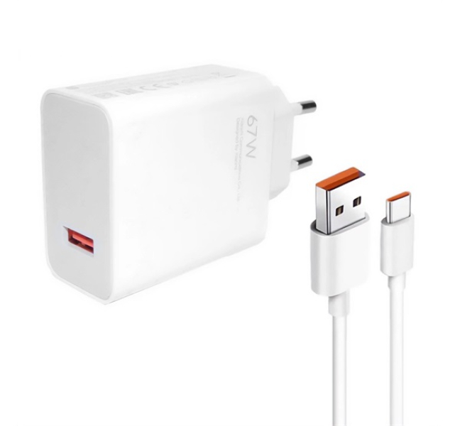 hálózati töltő USB aljzat (67W, gyorstöltő + Type-C kábel) FEHÉR