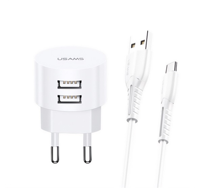 T20 hálózati töltő 2 USB aljzat (10W, gyorstöltő + Type-C kábel) FEHÉR