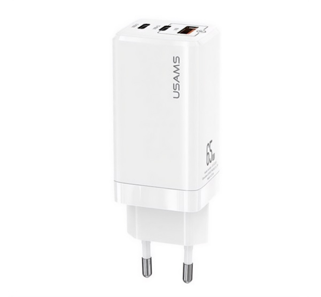MT hálózati töltő 2 Type-C+USB aljzat (65W, GaN, PD gyorstöltő 3.0) FEHÉR
