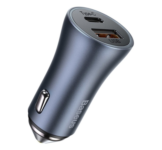 autós töltő USB+Type-C aljzat (40W, PD gyorstöltő 3.0, LED jelzés) SZÜRKECCJD-0G