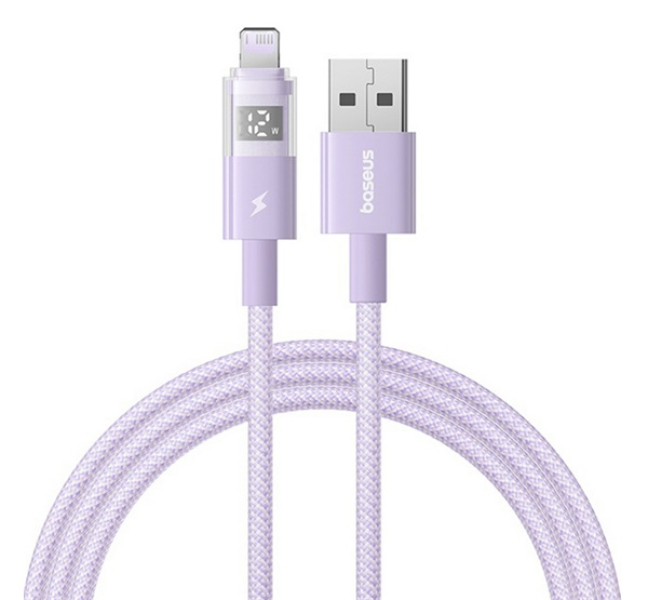 DISPLAY II adatkábel (USB - lightning, 2.4A, gyorstöltő, cipőfűző, LED kijelző, 100cm) LILA