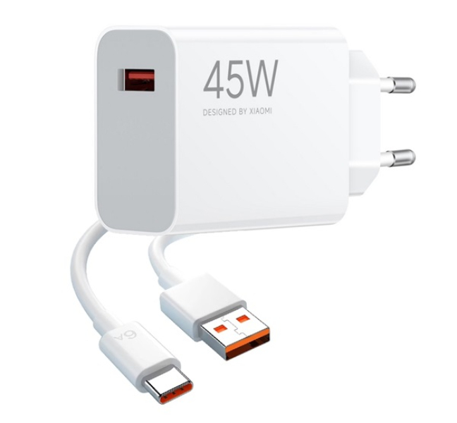 hálózati töltő USB aljzat (45W, gyorstöltő + Type-C kábel) FEHÉR