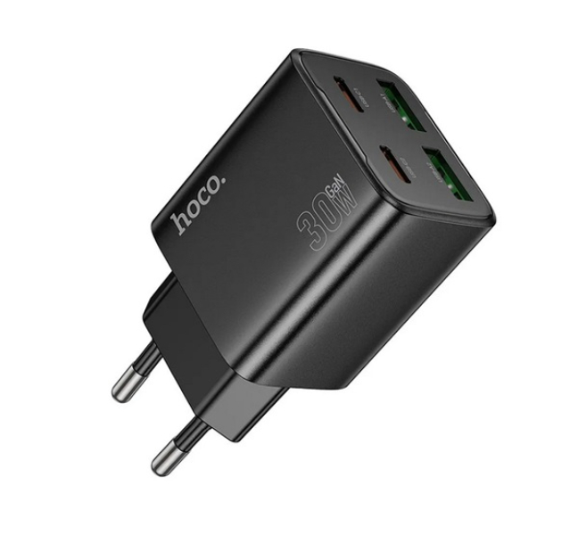 N56 hálózati töltő 2 USB+2 Type-C aljzat (30W, GaN, PD gyorstöltő 3.0) FEKETE