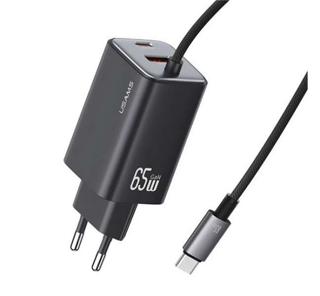 JC hálózati töltő Type-C aljzat (65W, PD gyorstöltő, GaN + fix Type-C kábel) FEKETE