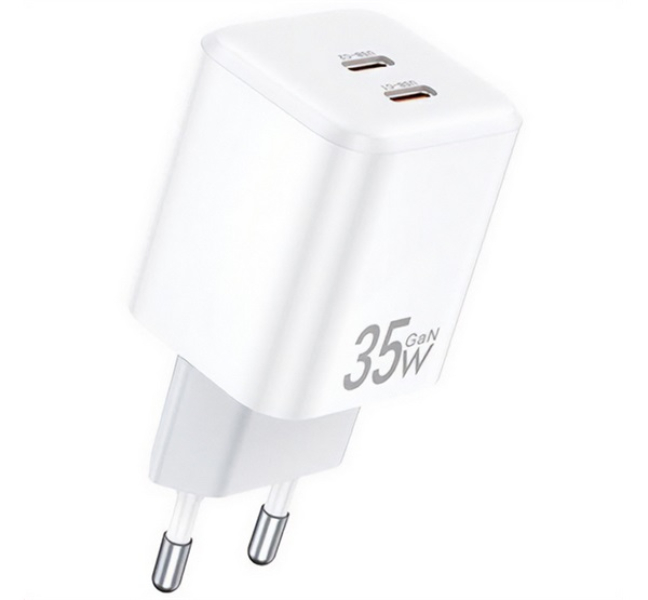 PD65-EU hálózati töltő 2 Type-C aljzat (35W, GaN, PD gyorstöltő) FEHÉR