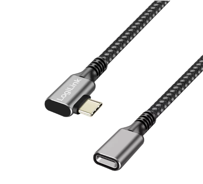 Logilink USB 3.2 Gen2 Type-C kábel, C/M 90 - USB-C/F, PD, AV, alu, fekete/szürke, 0,5 m