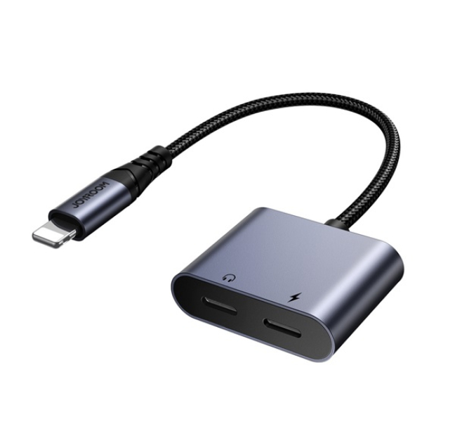audió adapter és töltőkábel (elosztó, 2 lightning aljzat - lightning, cipőfűző) FEKETE