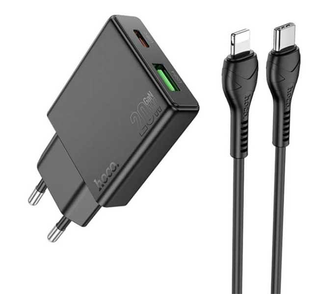 N38 hálózati töltő USB+Type-C aljzat (20W, PD gyorstöltő 3.0, vékony + lightning kábel) FEKETE