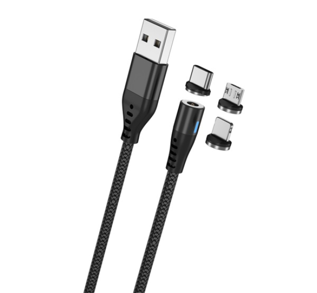 töltőkábel 3in1 (USB - Type-C/lightning/microUSB, 100cm, mágneses) FEKETE