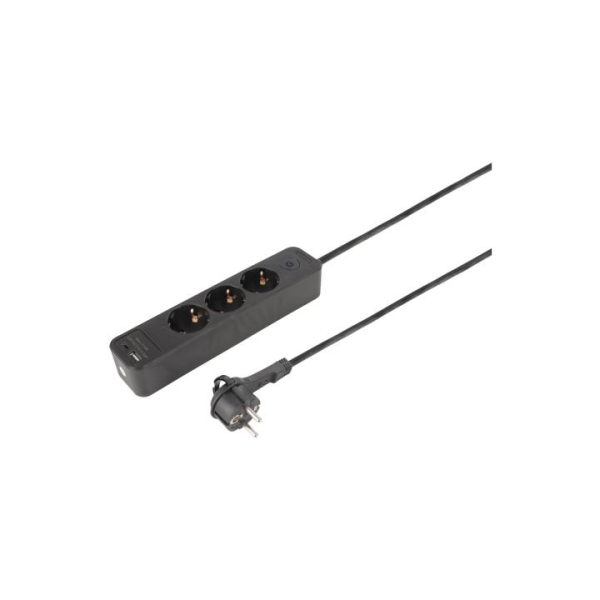 55.201.24 elosztó, 3 aljzat, kapcsolós, USB-A, USBC aljzat, 1,5m, fekete