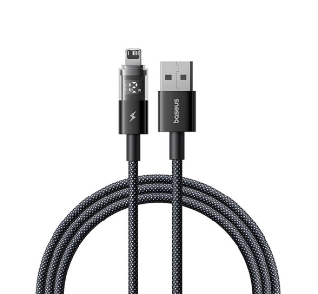 DISPLAY II adatkábel (USB - lightning, 2.4A, gyorstöltő, cipőfűző, LED kijelző, 100cm) FEKETE