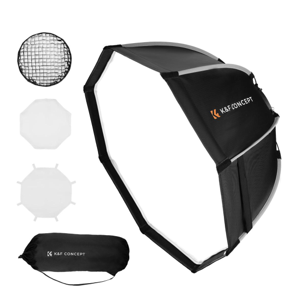 K&F Concept 55cm átmérőjű, octagonal softbox, gyorscsatlakozás, méhsejt rács, Bowens csatlakozás (KF