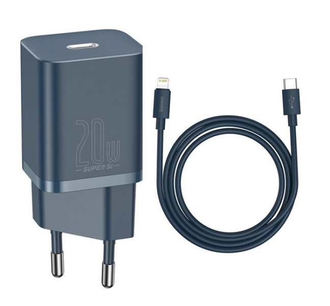 SUPER SI hálózati töltő Type-C aljzat (20W, PD gyorstöltő + Type-C - lightning kábel) SÖTÉTKÉ