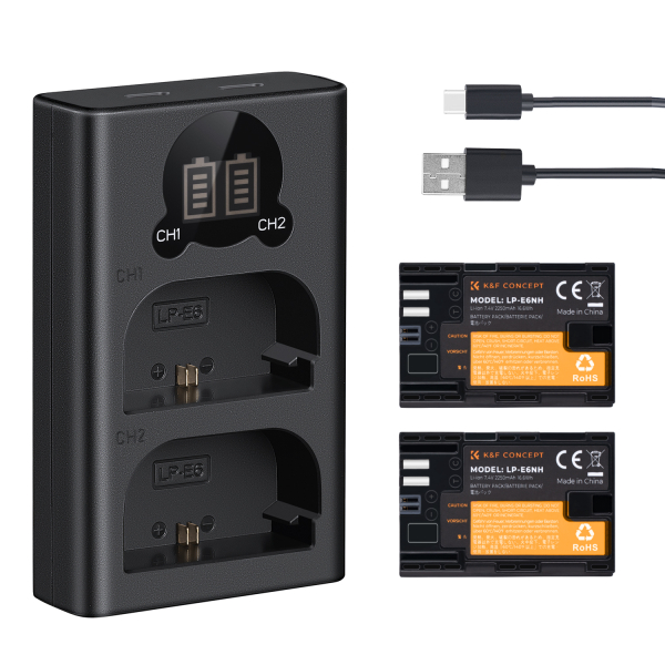 K&F Concept hordozható dupla USB-C akkumulátor LC-E6 töltő + 2db LP-E6NH akkumulátor 2250mAh (KF-28-