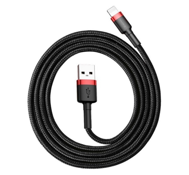 CAFULE adatkábel (USB - lightning, 2.4A, 50cm, törésgátló) FEKETE/PIROSCALKLF-A19