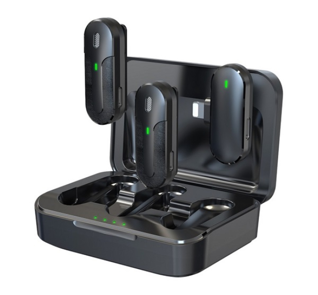bluetooth mikrofon 2db (lightning, LAVALIER csíptethető, zajszűrő + töltőtok) FEKETEST387234