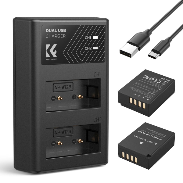 K&F Concept hordozható dupla USB-C akkumulátor BC-W126 töltő + 2db NP-W126 akkumulátor 1300mAh (KF-2