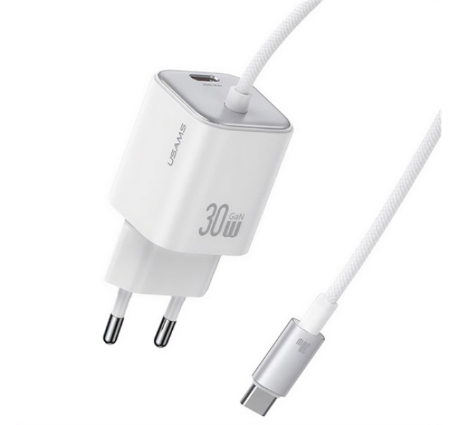 JC MINI hálózati töltő Type-C aljzat (30W, PD gyorstöltő, GaN + fix Type-C kábel) FEHÉR