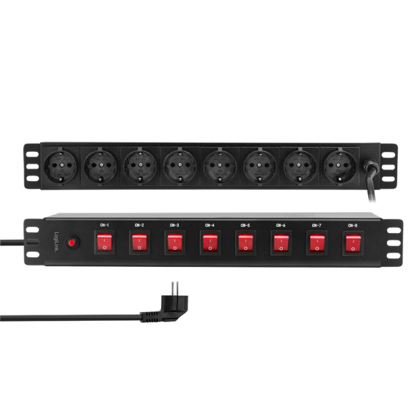 Logilink 19" PDU8D 1 x CEE 7/3 biztonsági aljzat, mindegyik aljzat be-/kikapcsolóval