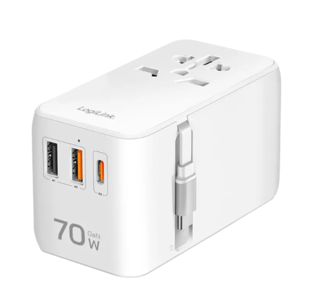 Logilink Univerzális utazó tápegység, 70 W (PD), 4x csatlakozások + kábel, tűzálló, fehér