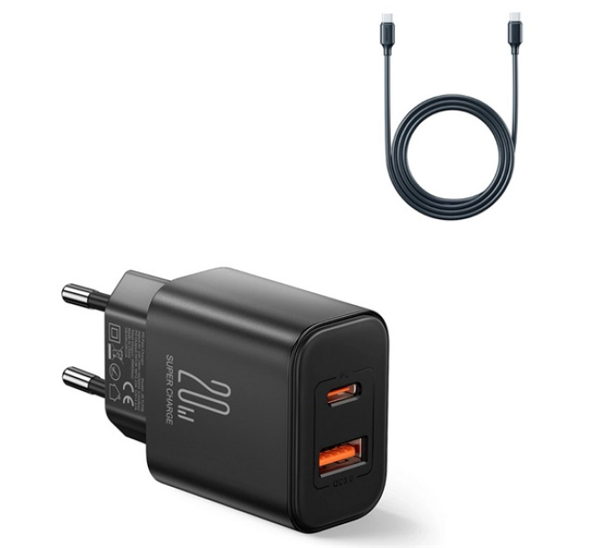 hálózati töltő USB+Type-C aljzat (20W, PD gyorstöltő + Type-C kábel) FEKETE