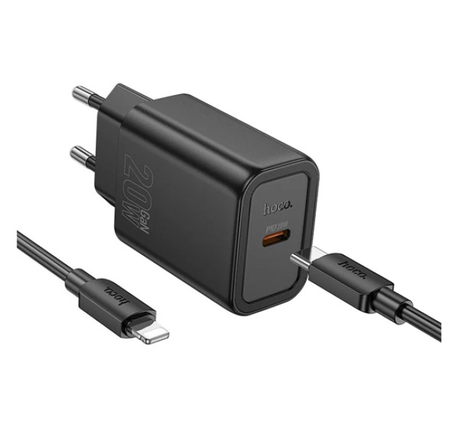 N60 hálózati töltő Type-C aljzat (20W, PD gyorstöltő 3.0 + lightning kábel) FEKETE