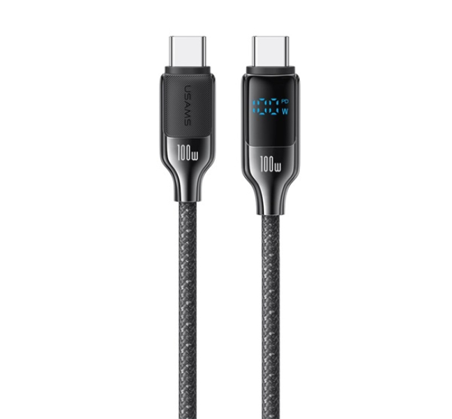 HX adatkábel (Type-C - Type-C, 100W, PD gyorstöltő, cipőfűző, LED kijelző, 120cm) FEKETE