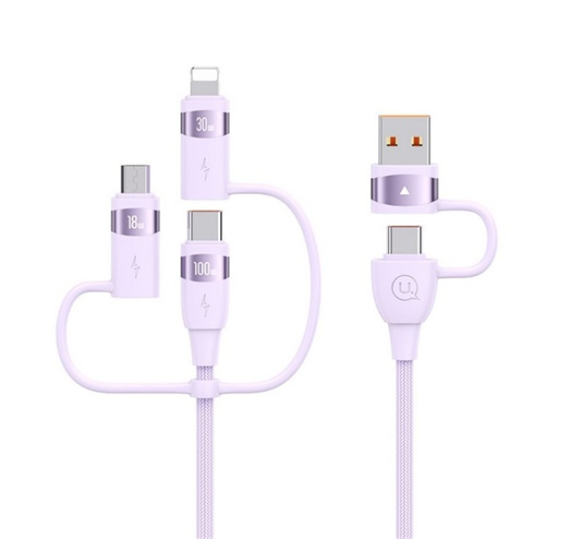 U85 töltőkábel 5in1 (Type-C/USB - Type-C/lightning/microUSB, 100W, PD gyorstöltő, 120cm) LILA