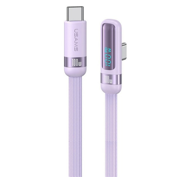 US-SJ653 adatkábel (Type-C - Type-C, 100W, gyorstöltő, 90 fokos, cipőfűző, LED kijelző, 120cm)