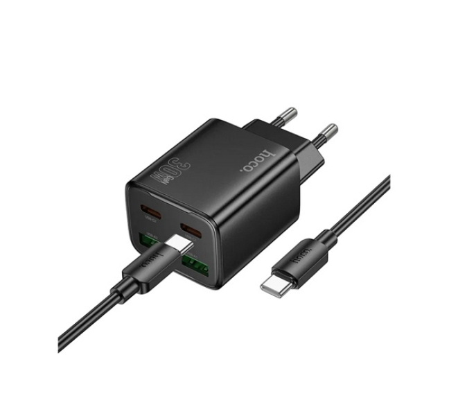 N56 hálózati töltő 2 USB+2 Type-C aljzat (30W, GaN, PD gyorstöltő 3.0 + Type-C kábel) FEKETE