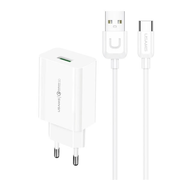 T48 hálózati töltő USB aljzat (18W, gyorstöltő 3.0 + Type-C kábel) FEHÉR