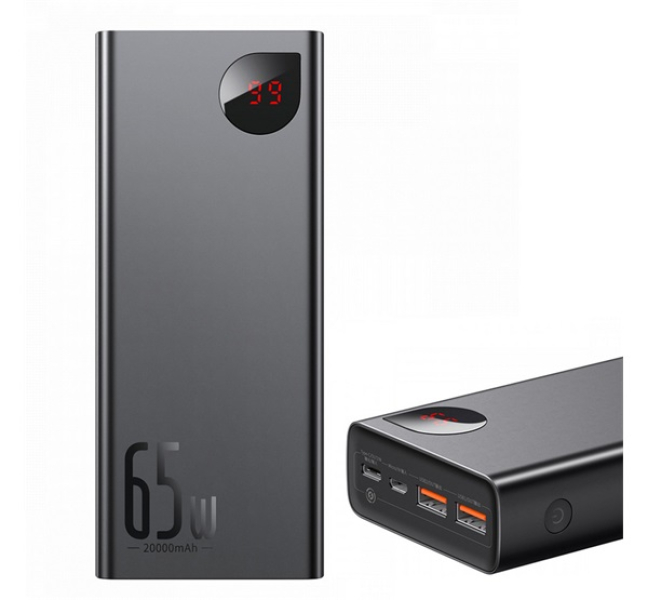 ADAMAN vésztöltő 2 USB+Type-C aljzat (20000mAh, 65W, PD gyorstöltő 3.0, LED kijelző) FEKETEPP
