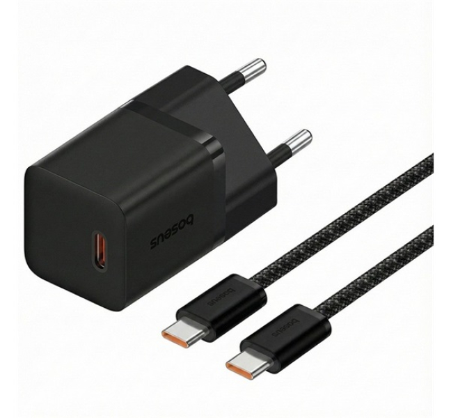 GaN5 MINI 1C hálózati töltő Type-C aljzat (30W, PD gyorstöltő, GaN5 + Type-C kábel) FEKETE