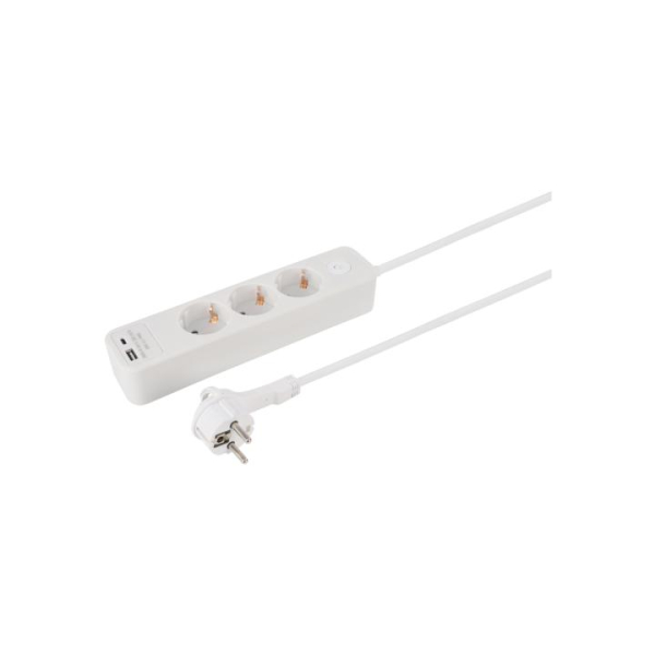 55.201.23 elosztó, 3 aljzat, kapcsolós, USB-A, USBC aljzat, 1,5m, fehér