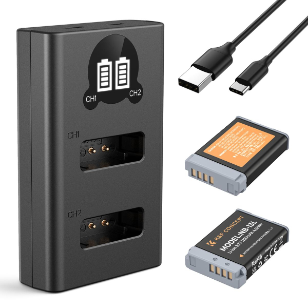 K&F Concept hordozható dupla USB-C akkumulátor CB-2LHE töltő + 2db NB-13L akkumulátor 1250mAh (KF-28