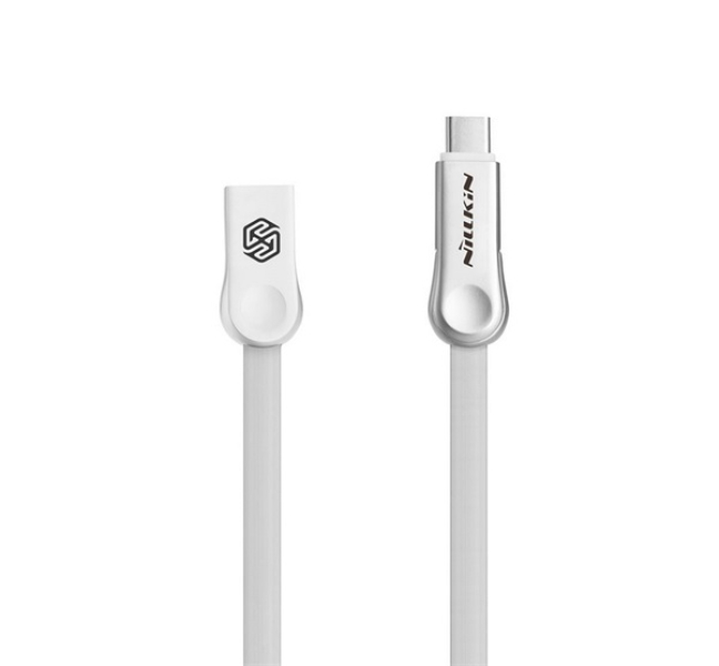 PLUS III adatkábel (USB - microUSB - Type-C, gyorstöltő, 100cm, lapos kábel) FEHÉR
