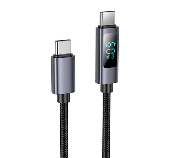 U112 adatkábel (Type-C - Type-C, 60W, PD gyorstöltő, LED kijelző, cipőfűző, 100cm) FEKETE