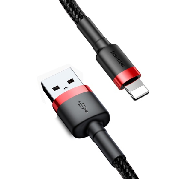 CAFULE adatkábel (USB - lightning, 2.4A, gyorstöltő 3.0, 100cm, cipőfűző) FEKETE/PIROSCALKLF-