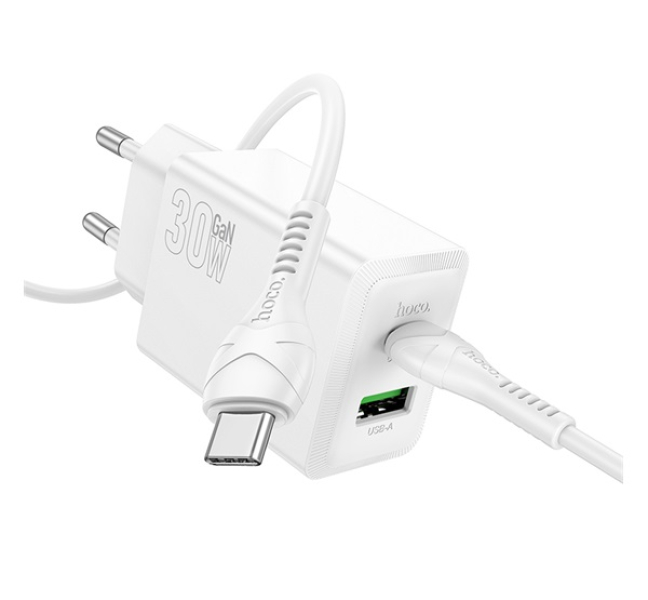 N71 hálózati töltő USB+Type-C aljzat (30W, PD gyorstöltő 3.0 + Type-C kábel) FEHÉR