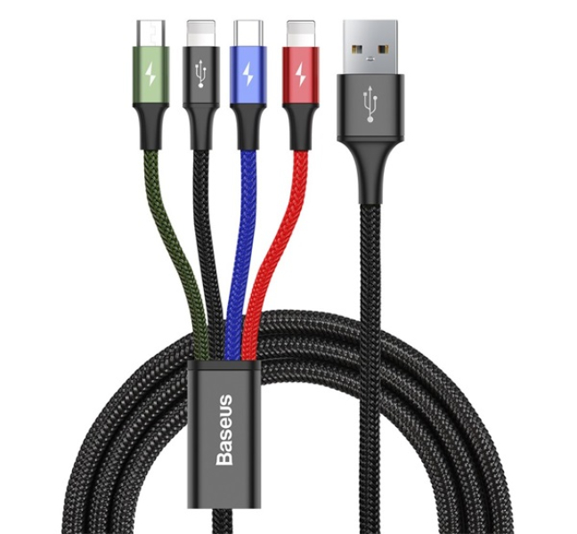 töltőkábel 4in1 (USB - 2 lightning/microUSB/Type-C, gyorstöltő, 120cm) FEKETECA1T4-A01