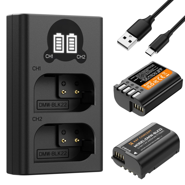 K&F Concept hordozható dupla USB-C akkumulátor DMW-BLK22 töltő + 2db DMW-BLK22 akkumulátor 2400mAh (