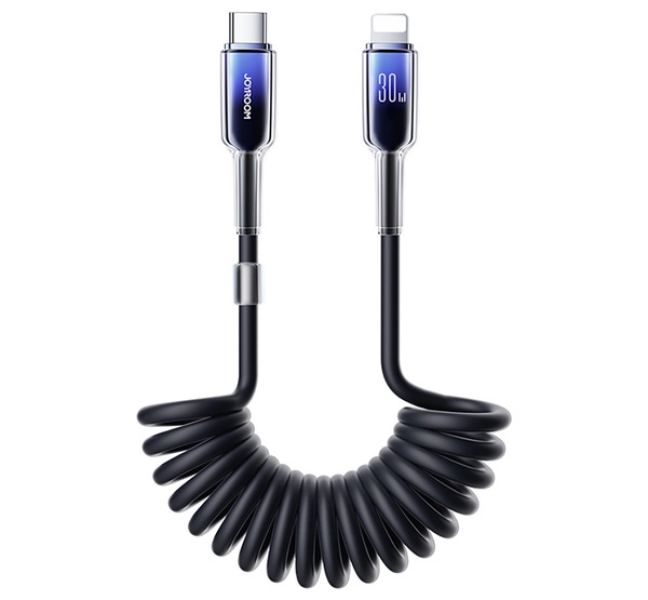 CRYSTAL CLEAR adatkábel (Type-C - lightning, 30W, 2A, PD gyorstöltő, 150cm, spirálkábel) FEK