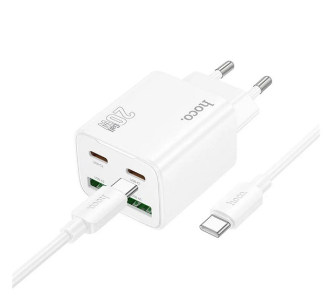 N55 hálózati töltő 2 USB+2 Type-C aljzat (20W, GaN, PD gyorstöltő 3.0 + Type-C kábel) FEHÉR